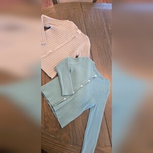 Ribbed Button-Up Sweater - Blue and Beige